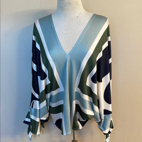 Fashion Nova Tops - Fashion Nova Blue Graphic Blouse with Tie Front